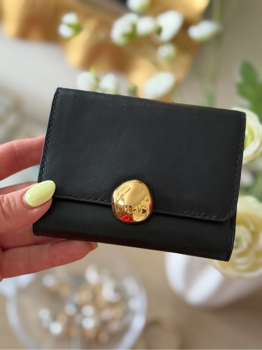 Madewell Black Leather Compact Wallet with Gold Disc Snap